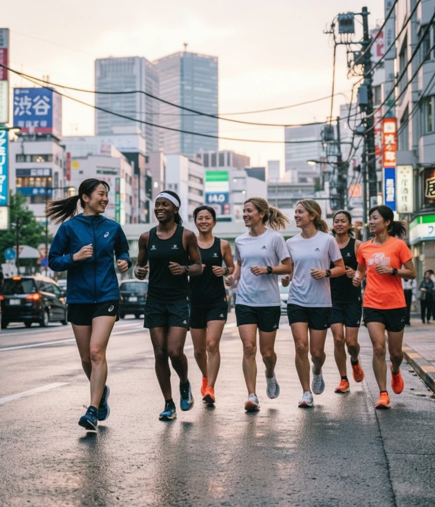 東京の街を仲間と走るランナーたち